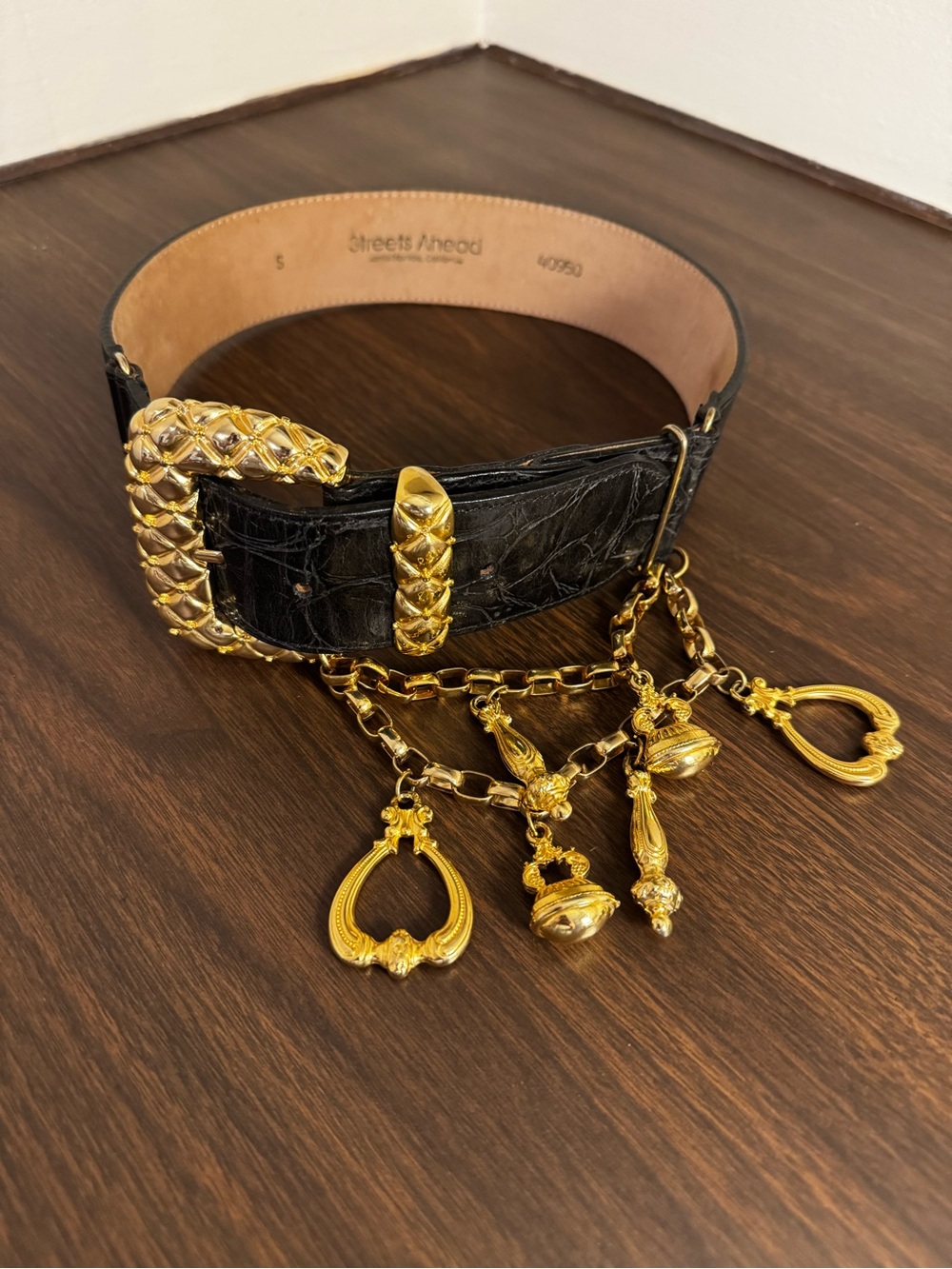 Streets Ahead Black Croc-Embossed Belt with Gold Charm Chain Small Y2K